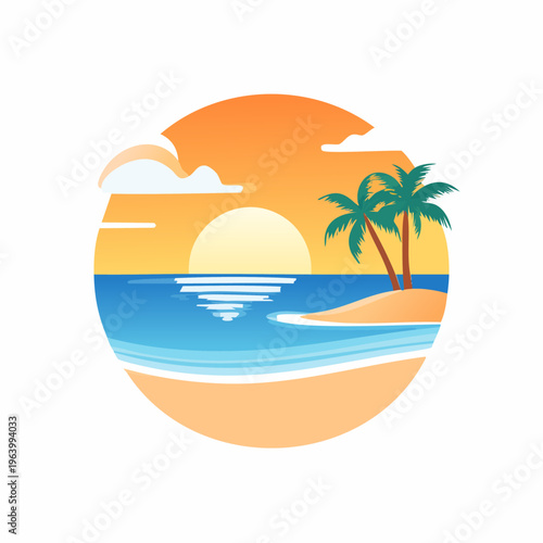 Tropical Beach Sunset with Palm Trees and Ocean Waves.