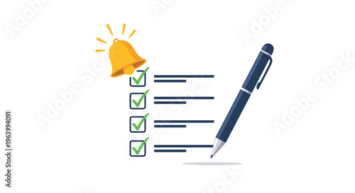 Task reminder and organization concept with a vertical checklist, green checkmarks, a blue pen, and a ringing bell.