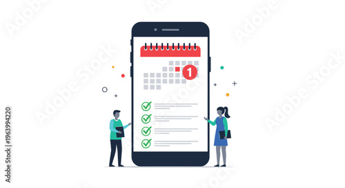 Mobile project management and team collaboration concept with two people standing next to a giant smartphone.
