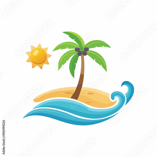 Tropical Island Paradise with Palm Tree Sun and Ocean Waves.