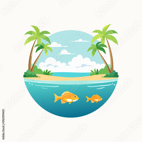 Tropical Island Paradise with Palm Trees and Goldfish in Clear Blue Water.