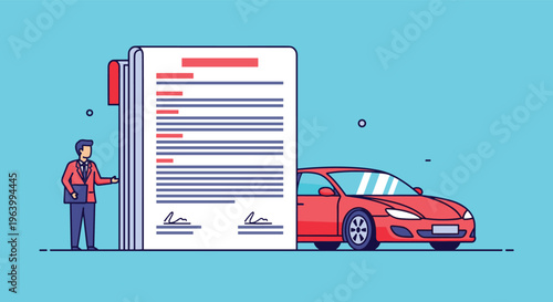 Car insurance and vehicle purchase agreement concept featuring a person standing by a large contract and a red car.