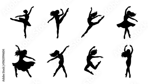 Graceful ballet dancer silhouettes, set of 8 vector icons, elegant female ballerina figures in motion, performing arts and dance studio graphics