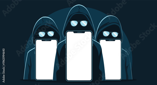 Privacy concerns and mass surveillance concept with a group of anonymous hooded figures holding blank smartphones.