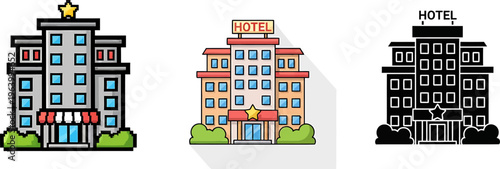 Hotel building icons set in pixel art, flat design, and solid silhouette styles