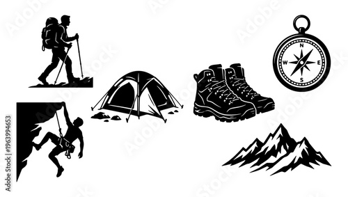 Outdoor adventure hiking and camping icons, black silhouette mountain climbing vector set, 6 nature exploration elements for travel branding