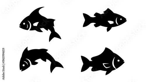 Minimalist fish silhouette vector set, black aquatic animal icons, collection of 4 fish shapes for fishing and seafood branding