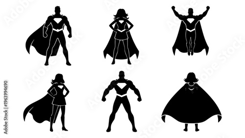 Superhero silhouette collection with 6 male and female hero figures, black comic book character icons, brave heroic poses with capes and costumes