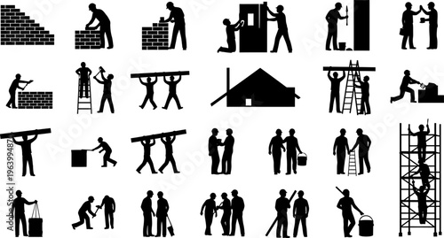 Construction Workers Silhouettes: Building, Bricklaying, and General Construction Tasks on a White Background