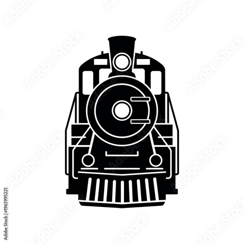 Front view of a classic steam locomotive train engine.