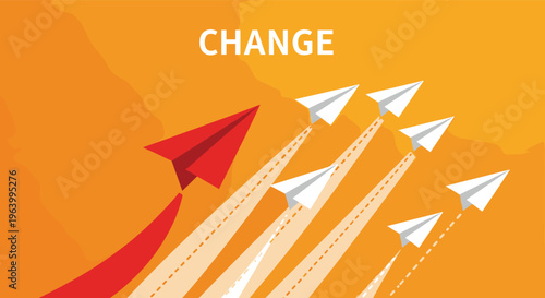 Red paper plane changing direction and leading group of white planes symbolizing innovation and business transformation.