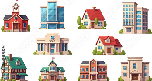 Diverse Collection of Cartoon Vector Buildings: Houses, Schools, Offices, and Public Structures