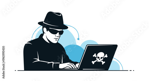 Mysterious hacker wearing black hat and sunglasses using laptop with skull icon to perform cyber attack on network.