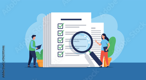 Business team members evaluating progress by inspecting a giant checklist with green checkmarks using magnifying glass.