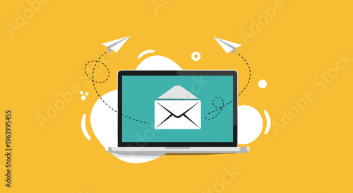 Laptop computer displaying email icon with an open envelope and paper planes flying against a yellow background.