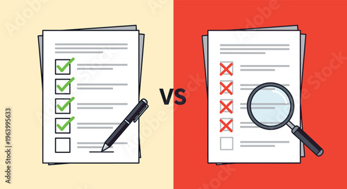 Visual comparison between successful document approval with green checkmarks and rejected file with red cross marks.