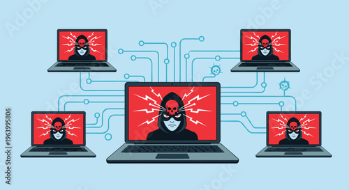 Interconnected laptops showing malicious hacker icons on red screens representing a large scale cyber security threat.
