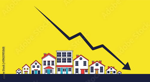 Row of various residential houses under a declining black arrow representing the fall in real estate market prices.
