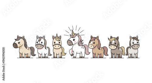 Group of cute cartoon horses with one colorful unicorn in the center symbolizing uniqueness and individuality.