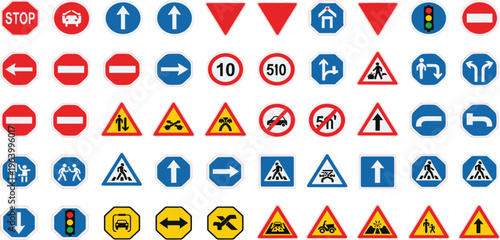 Comprehensive Traffic Road Signs Vector Icon Set Featuring Warning, Prohibition, Mandatory, Directional, Speed Limit, and Safety Symbols for Transportation Design