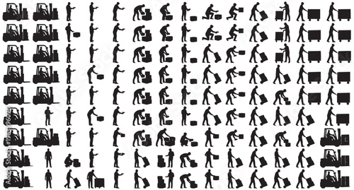 Modern Tech and Logistics Silhouettes Set Pack. Editable Vector Stroke Illustration. featuring vector, graphic, logistics, warehouse, forklift, worker, silhouette, box, handling, movement more