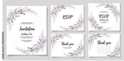 Elegant Floral Wedding Invitation Vector Set Featuring Lavender Botanical Frames with RSVP, Thank You Cards, and Minimal Romantic Design Templates