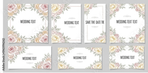 Elegant Floral Wedding Invitation Vector Set Featuring Soft Rose Flower Frames with Save the Date, RSVP, and Romantic Card Templates