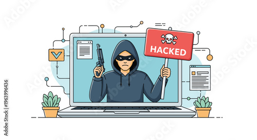 Dangerous hacker character holding gun and hacked sign coming out of laptop symbolizing major cyber security threat.
