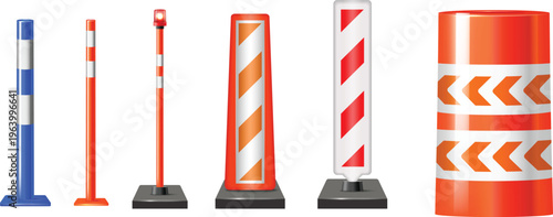 Set of road safety markers, bollards and construction traffic drums with reflective stripes