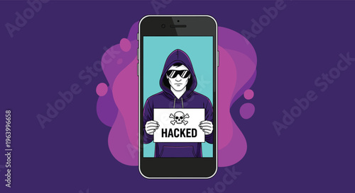 Mobile phone screen displaying a hooded hacker character holding a hacked sign with skull icon for cyber crime.