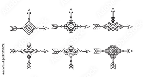 Six symmetrical arrow designs with various ornate details