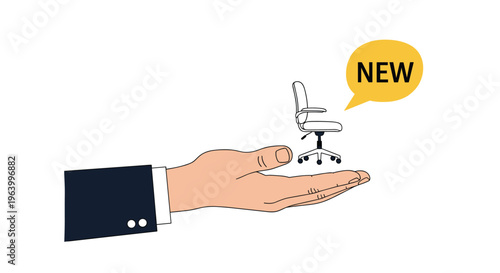 Hand holding miniature office chair with a speech bubble saying new symbolizing job vacancy or new hire recruitment.