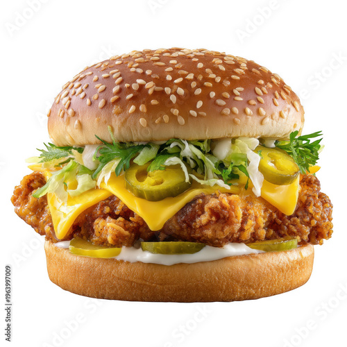 A crispy fried chicken sandwich featuring melted cheddar cheese and spicy jalapeno pepper slices isolated on transparent background