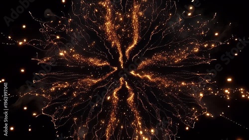 Symmetrical fiery particle burst with glowing golden embers on black background