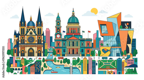 City Skyline with Various Buildings.