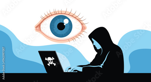 Hooded hacker using laptop with skull icon while a large human eye watches in the background representing surveillance.