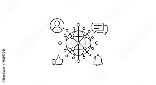 Conceptual line art illustrating global digital network connections, online communication, and social media interactions with user profiles, likes, and notifications