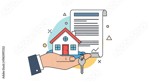 Hand holding house and key with a real estate contract in the background symbolizing property purchase success.