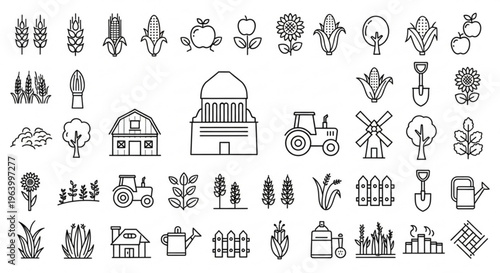Collection of Line Icons Representing Agriculture, Farming, and Rural Life