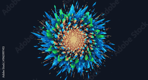 Abstract swirling explosion of colorful crystals and particles on a dark background, dynamic energy burst