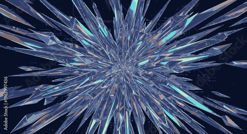 Abstract geometric crystal explosion background with sharp blue and white shards radiating from the center, a futuristic digital design.