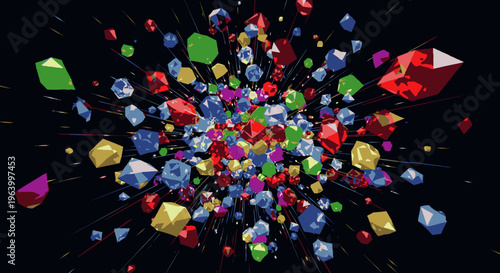 Vibrant explosion of colorful low-poly geometric shapes and faceted crystals against a dark background, abstract digital art representing creativity and diversity.