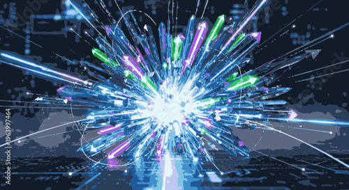 Abstract digital data burst with glowing arrows, symbolizing rapid information flow, technological innovation, and network connectivity in a futuristic cyberspace.