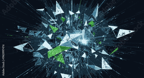 Abstract digital explosion of geometric triangles with vibrant green accents on a dark background, representing data breakdown and technological innovation.