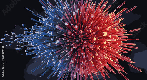 Dynamic abstract explosion of blue and red crystalline shards, creating a vibrant burst of energy and modern technology concept on a dark background
