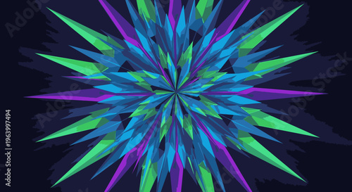 Vibrant abstract geometric starburst pattern with sharp crystalline shapes in blue, green, and purple, creating a dynamic and modern background design.
