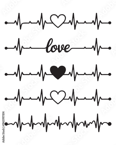 A collection of black and white heart rhythm electrocardiogram designs for romantic expression