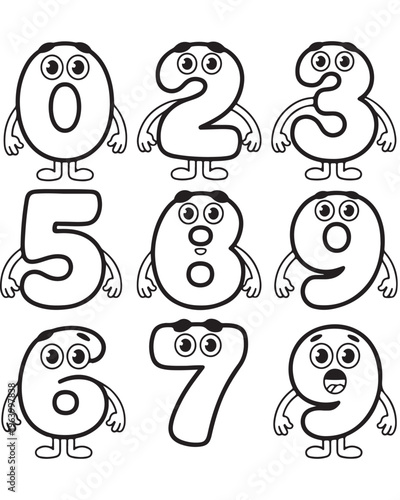 A black and white coloring page showing a collection of cute cartoon numbers with funny faces.