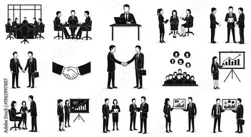 A comprehensive collection of black and white business silhouettes featuring meetings, presentations, handshakes, and office professional interactions.