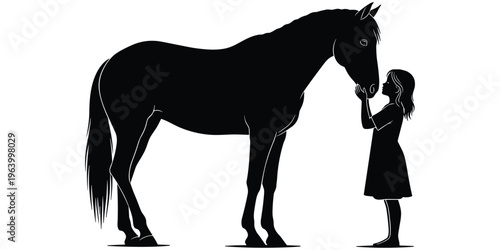 Horse and person silhouette illustration, human animal bond artwork, gentle interaction design, equestrian connection vector, friendship compassion illustration